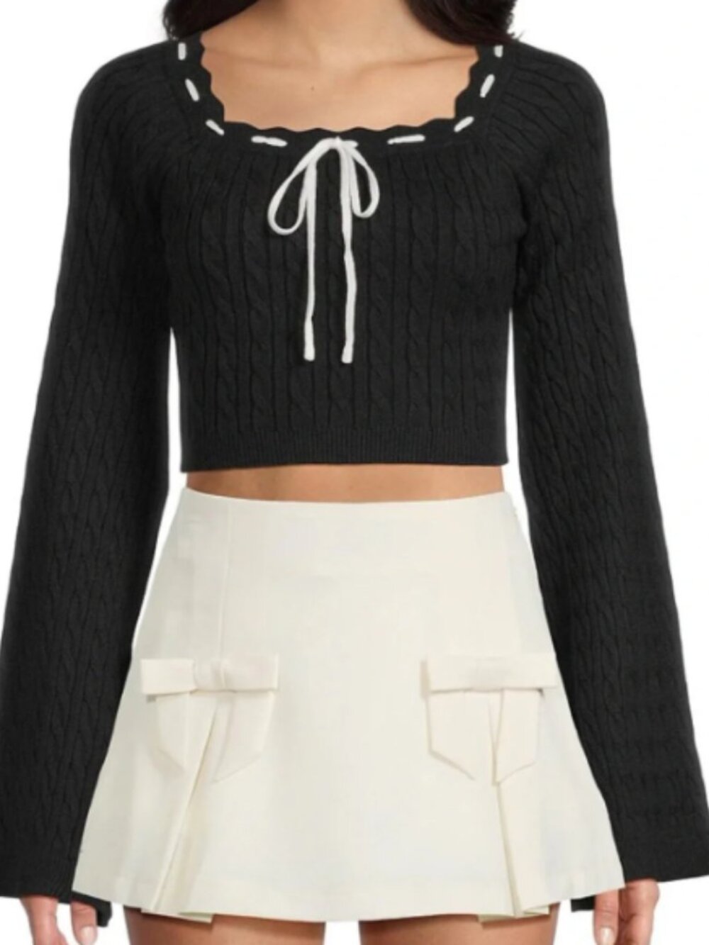 Altar'd State Black Cable Knit Cropped Sweater Bell Sleeve Sz S Academia
